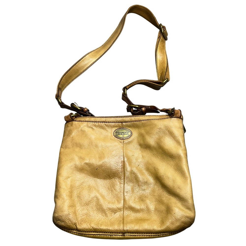 Fossil Crossbody Bag Tan Leather Womens Medium Multi-Zip Boho 0104